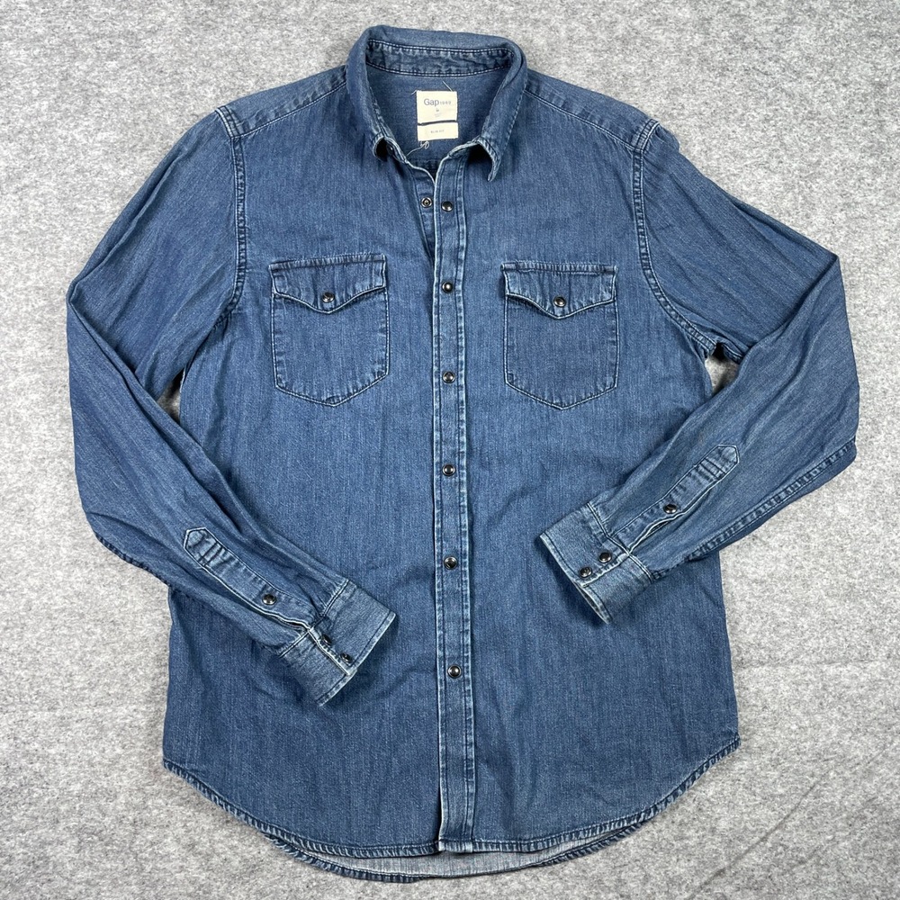 Gap Denim Shirt Mens Medium Blue 1969 Western Pearl Snap Slim Fit Dark Indigo